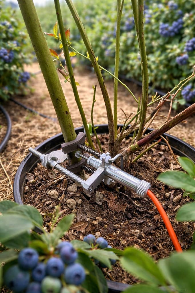 Stem microvariation sensor clamped to a plant stem above the soil in a container field setting