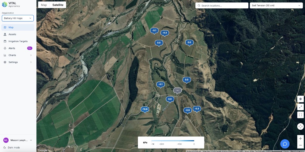 Vital Agronomics web dashboard satellite map with soil tension readings, sensor pins, and kPa legend