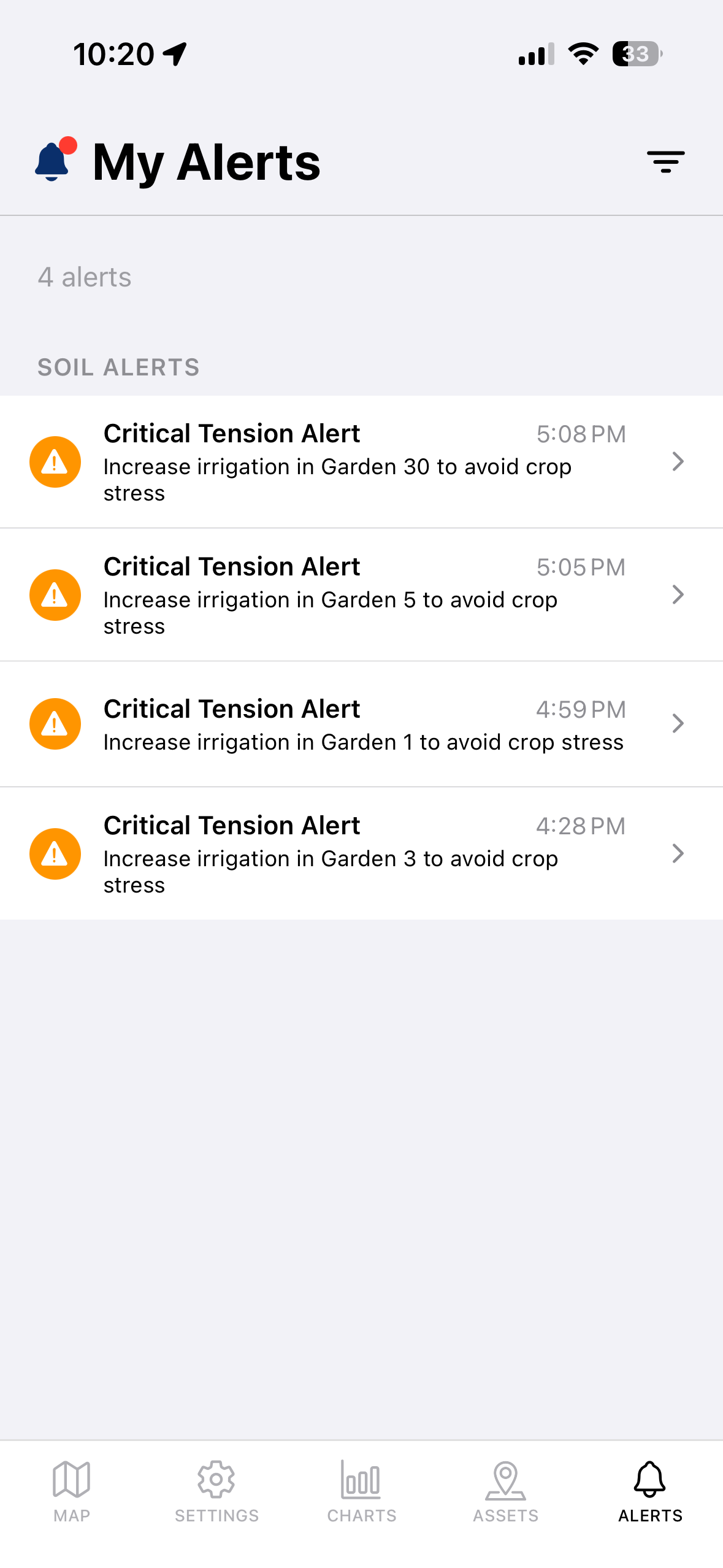 My Alerts screen with soil alerts listing critical tension warnings and irrigation guidance per garden
