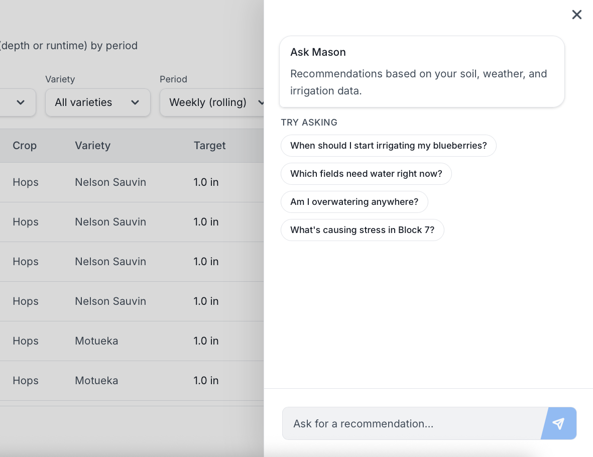 Vital Agronomics dashboard with satellite map and Ask Mason AI assistant: suggested irrigation questions and recommendation chat input