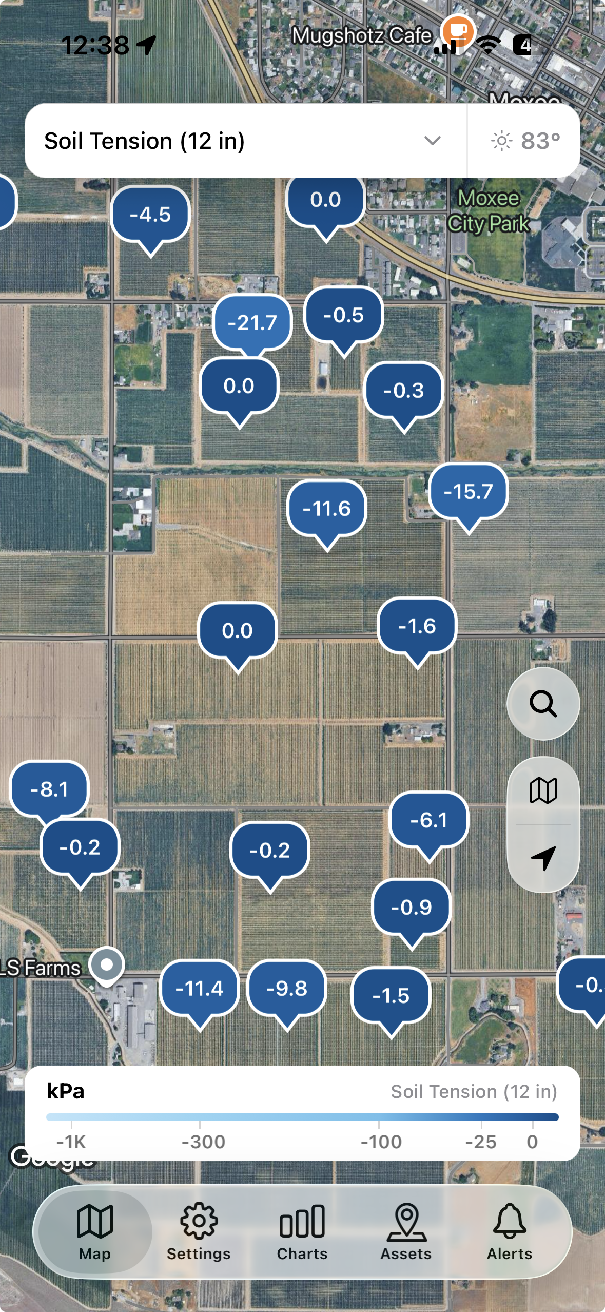 Vital map view showing soil tension readings across fields on a mobile device